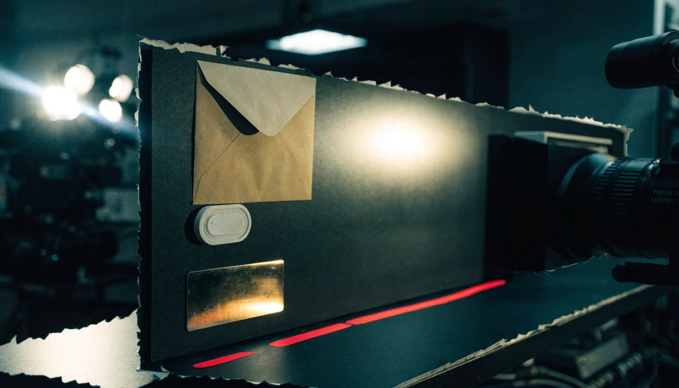 Taped envelop, stempelkussen en adresplaatje op de studiomuur van de redactie