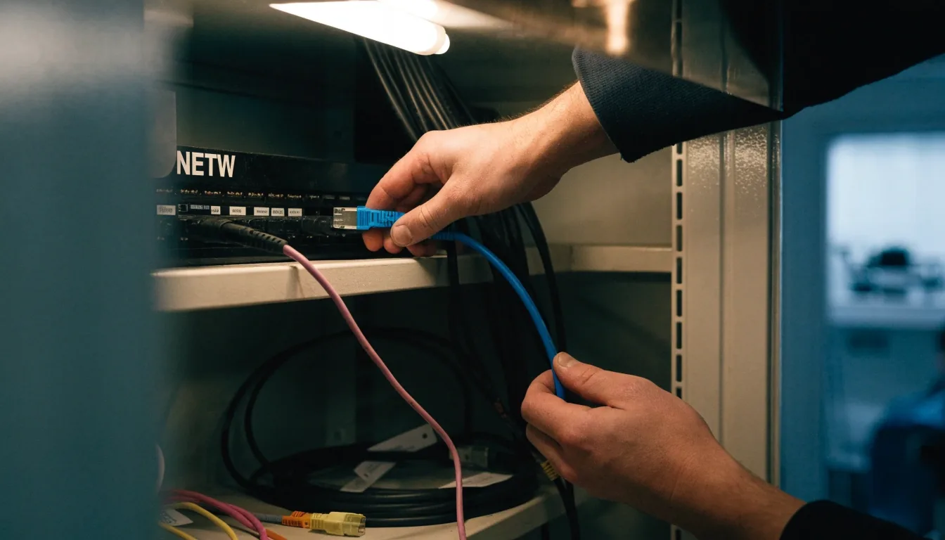 Handen van een technicus steken een netwerkkabel in een patchpaneel in een studio-omgeving
