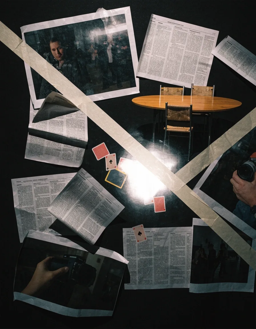Studioset van een realityprogramma, gefotografeerd als collage op zwart